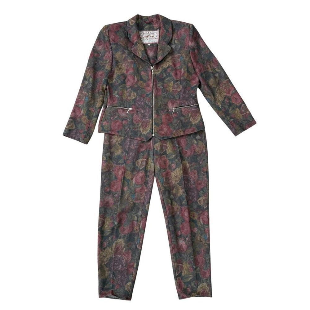 Ann Christine vintage wool blend floral pantsuit blazer size L, pants size 40